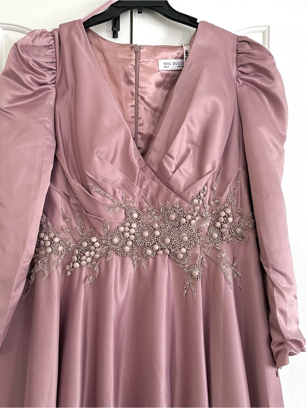 Mac Duggal Gown Dress Dusty Rose Long Sleeve Embellished Waist Evening Size 16 - Picture 6 of 15